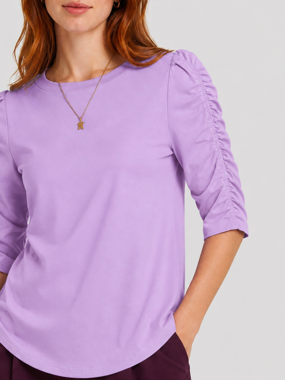 YUCOLEN Women's Puff Half Sleeve Tri-blend Top Casual Blouse in Taro Purple