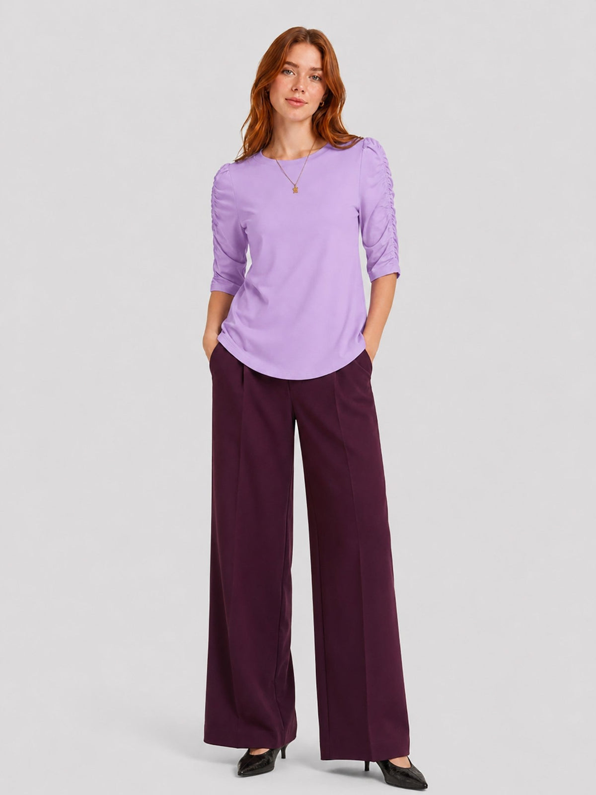 YUCOLEN Women's Puff Half Sleeve Tri-blend Top Casual Blouse in Taro Purple
