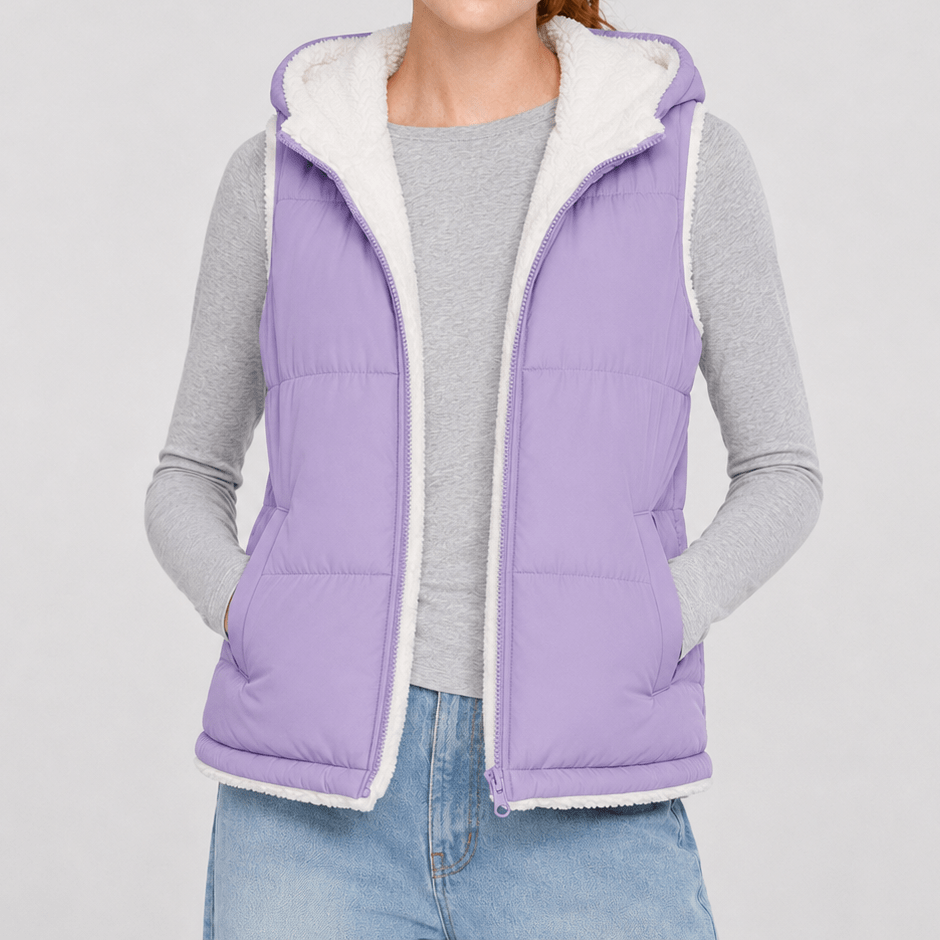 YUCOLEN Women's Reversible Puffer Fleece Lined Hooded Vest in Taro Purple