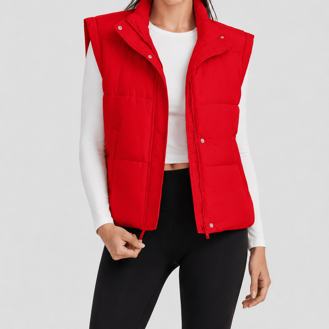 YUCOLEN Women's Cropped Puffer Vest Lightweight Windproof Insulated Gilet with Pockets in Tomato Red