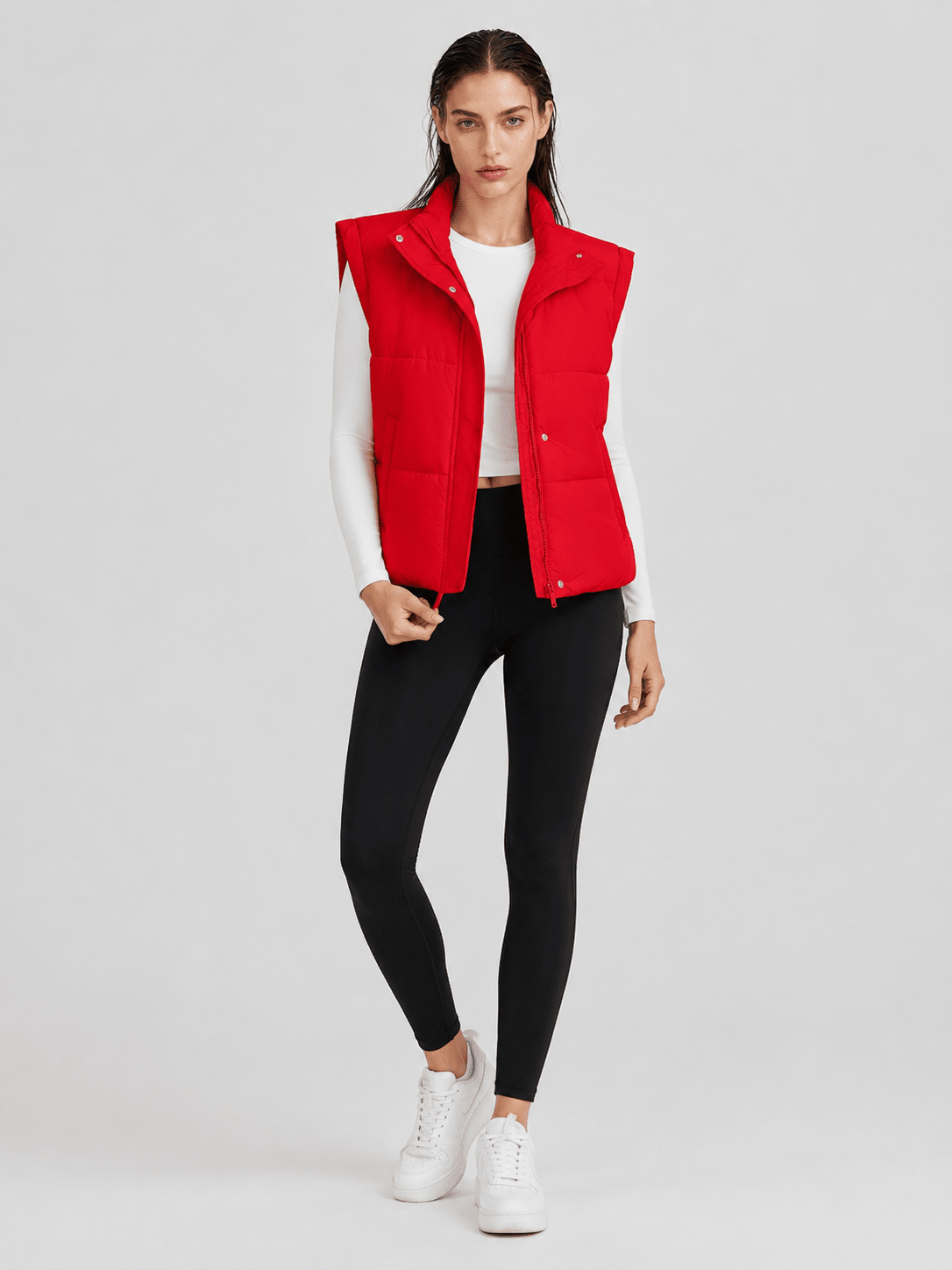 YUCOLEN Women's Cropped Puffer Vest Lightweight Windproof Insulated Gilet with Pockets in Tomato Red