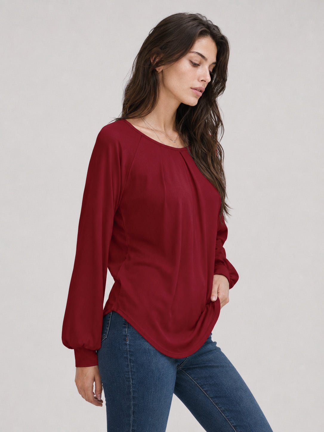 YUCOLEN Women's Lantern Sleeve Pleated Blouse Soft Cotton Rayon Dressy Casual Top in Vintage Red