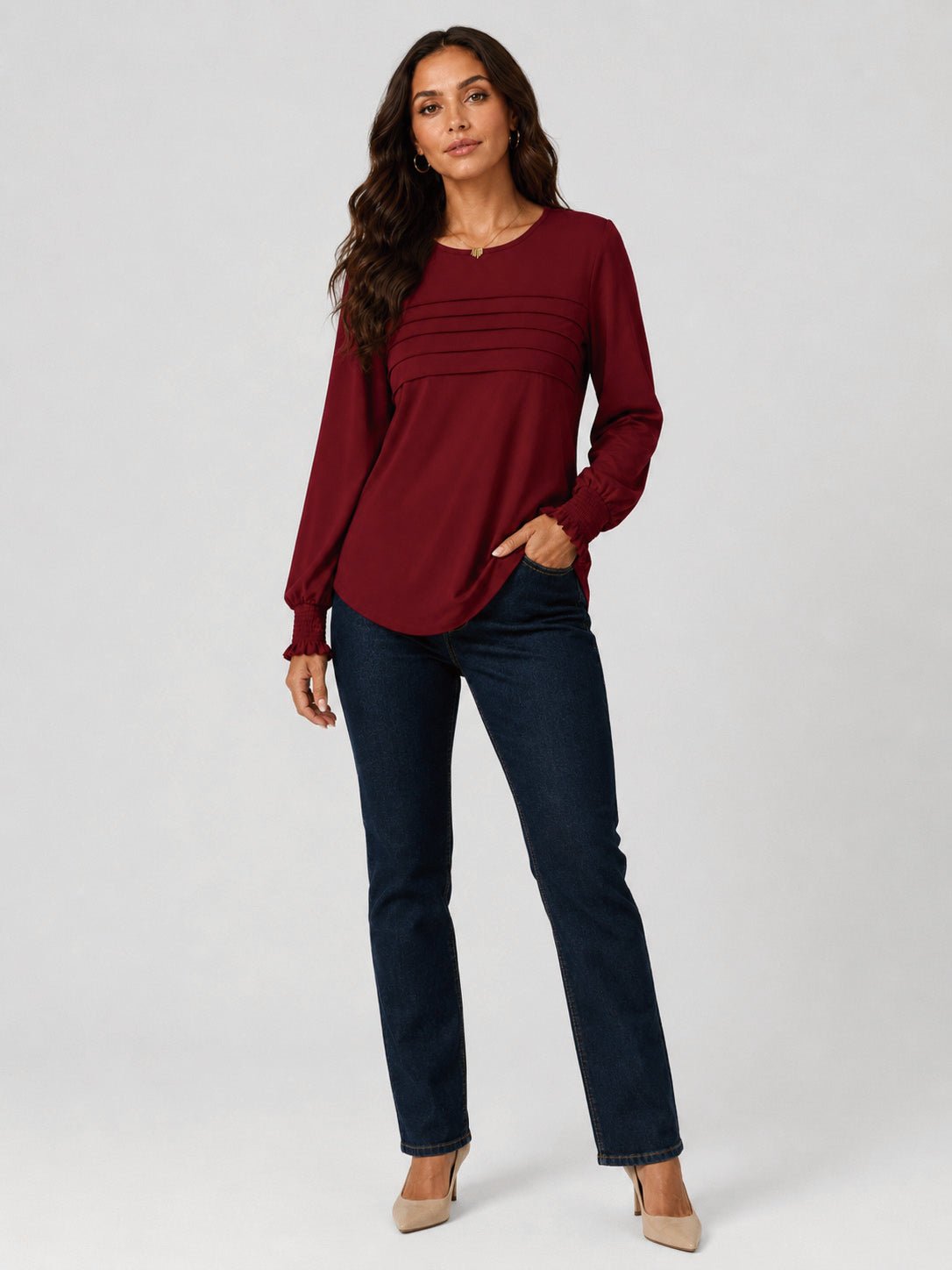 YUCOLEN Women's Lantern Sleeve Pleated Blouse Soft Cotton Rayon Dressy Top in Vintage Red