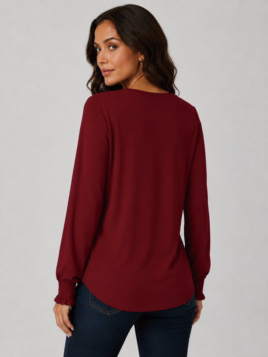YUCOLEN Women's Lantern Sleeve Pleated Blouse Soft Cotton Rayon Dressy Top in Vintage Red