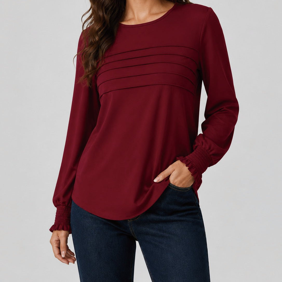 YUCOLEN Women's Lantern Sleeve Pleated Blouse Soft Cotton Rayon Dressy Top in Vintage Red