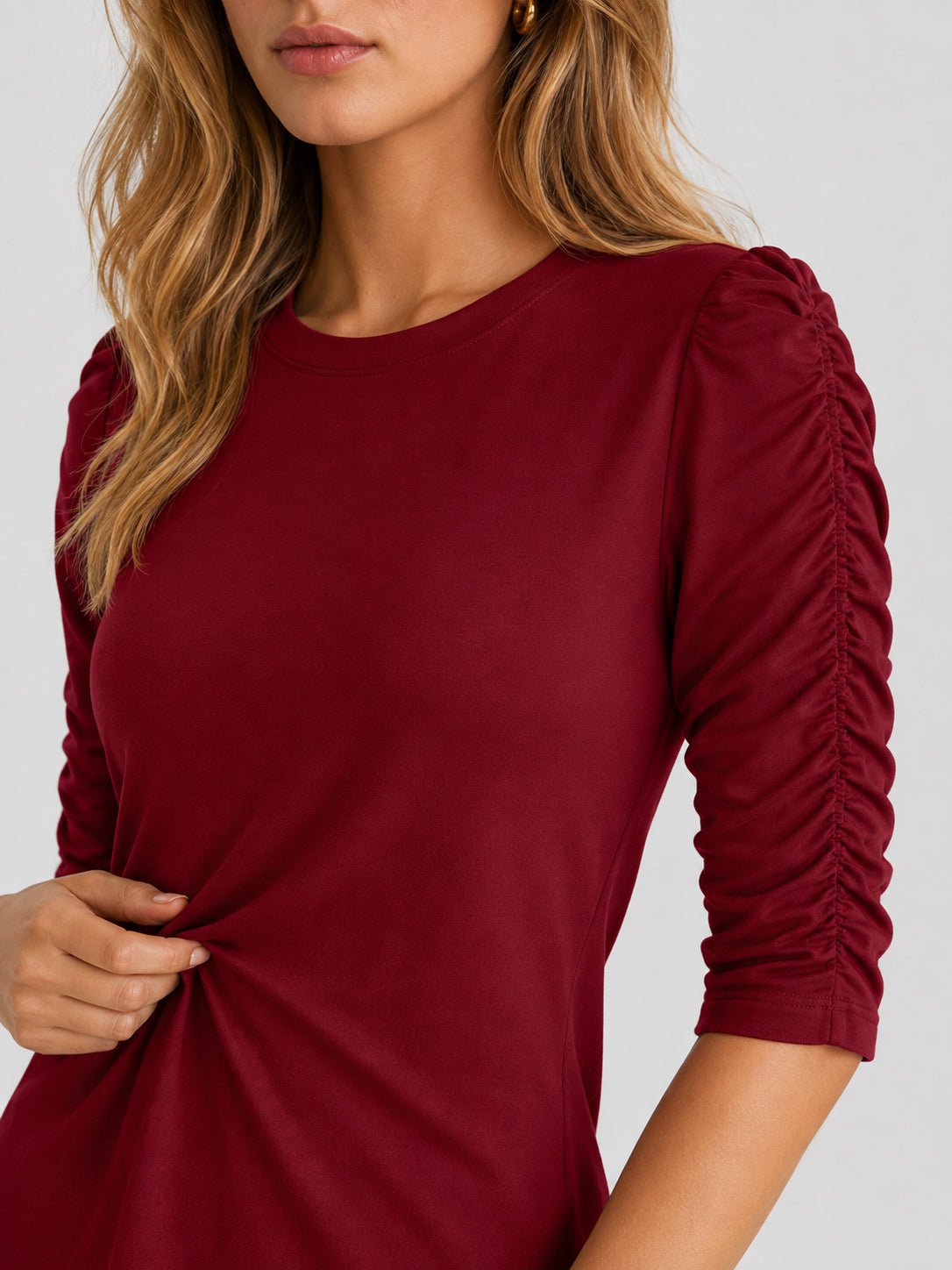 YUCOLEN Women's Puff Half Sleeve Tri-blend Top Casual Blouse in Vintage Red