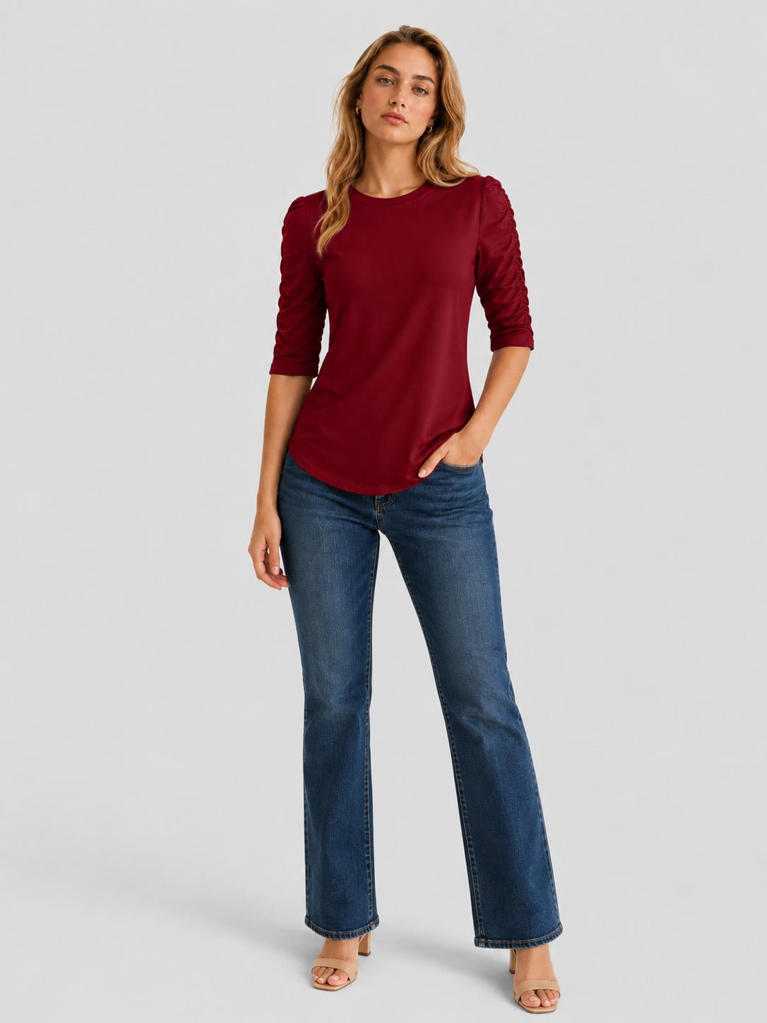 YUCOLEN Women's Puff Half Sleeve Tri-blend Top Casual Blouse in Vintage Red