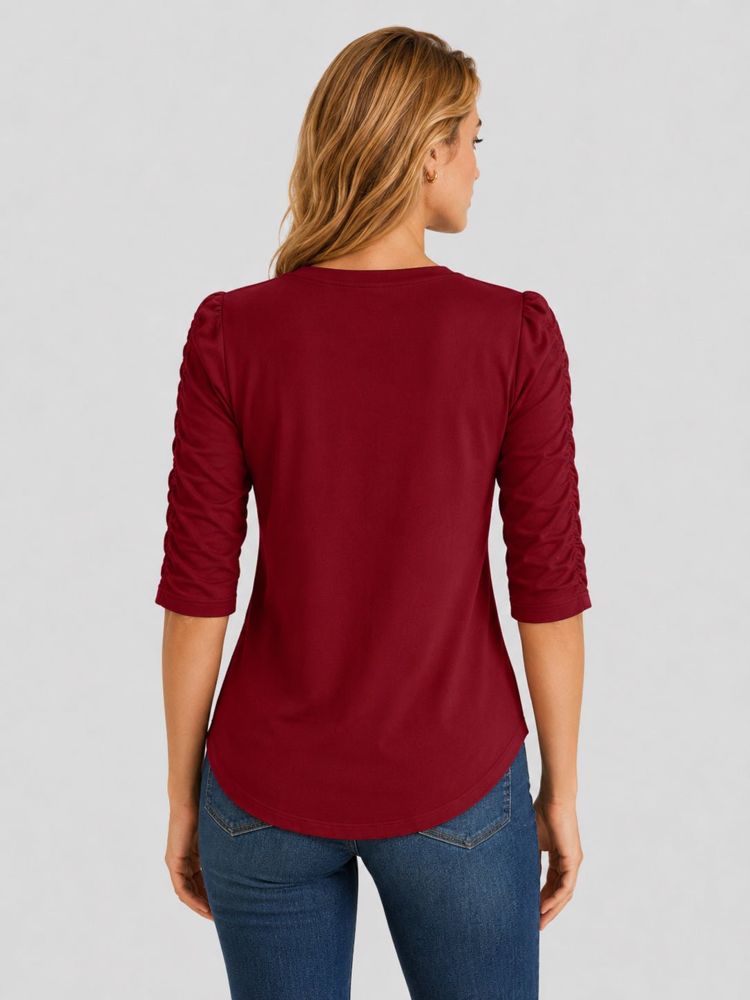 YUCOLEN Women's Puff Half Sleeve Tri-blend Top Casual Blouse in Vintage Red
