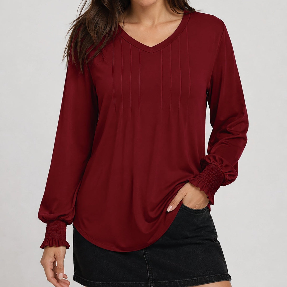 YUCOLEN Women's V Neck Pleated Tunic Blouse Ruffle Cuff Long Sleeve Shirt in Vintage Red