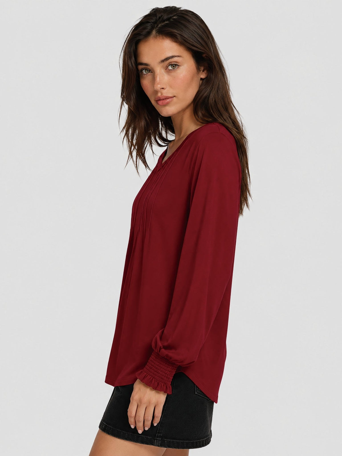 YUCOLEN Women's V Neck Pleated Tunic Blouse Ruffle Cuff Long Sleeve Shirt in Vintage Red