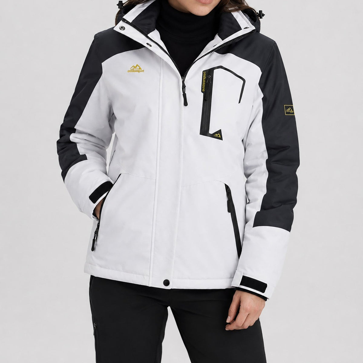 YUCOLEN Women's Waterproof Ski Jacket Fleece Lined Insulated Snow Coat with Detachable Hood in white Black