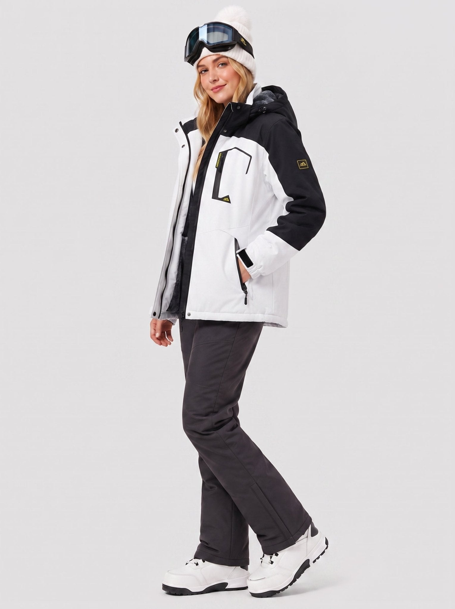 YUCOLEN Women's Waterproof Ski Jacket Fleece Lined Insulated Snow Coat with Detachable Hood in white Black