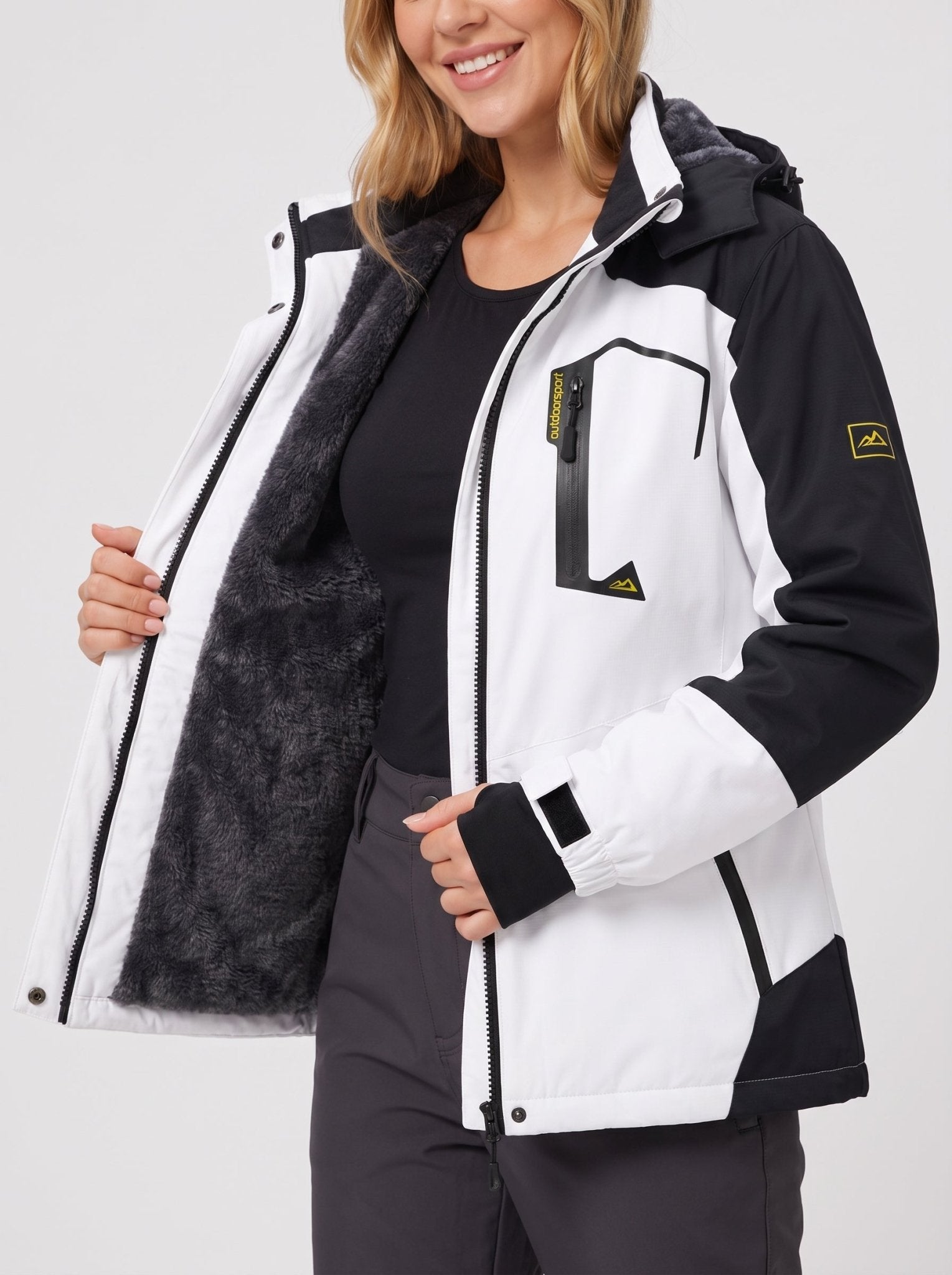 YUCOLEN Women's Waterproof Ski Jacket Fleece Lined Insulated Snow Coat with Detachable Hood in white Black
