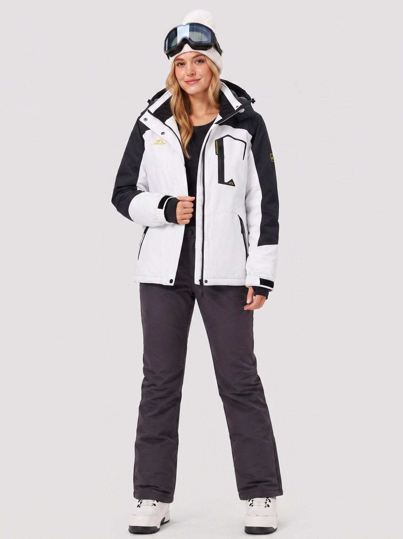 YUCOLEN Women's Waterproof Ski Jacket Fleece Lined Insulated Snow Coat with Detachable Hood in white Black