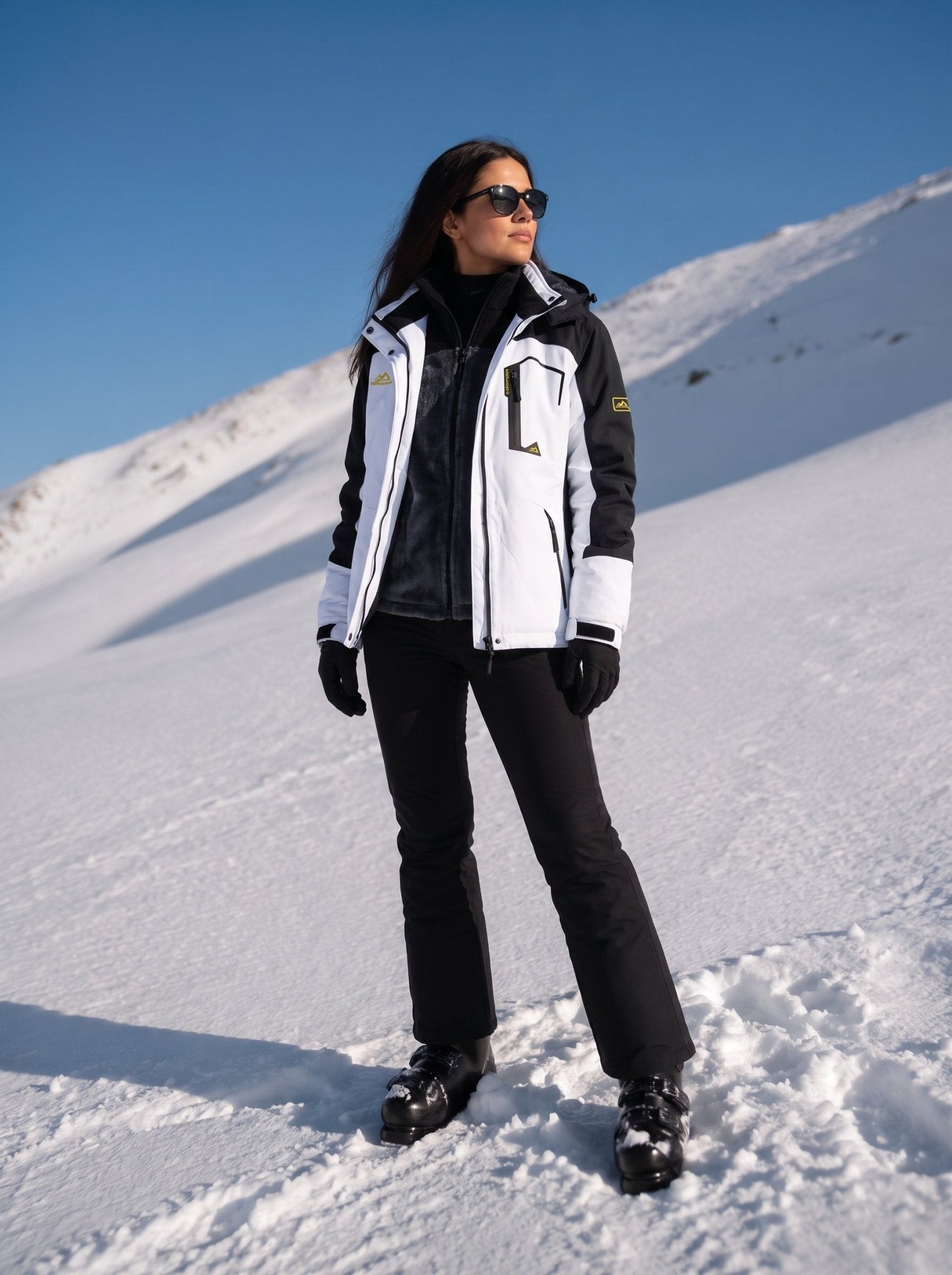 YUCOLEN Women's Waterproof Ski Jacket Fleece Lined Insulated Snow Coat with Detachable Hood in white Black