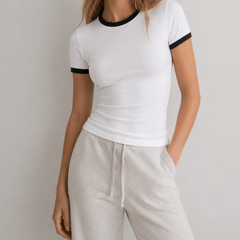 YUCOLEN Women Slim Fit Color Block Crop Top - High Stretch Athletic Shirt in White