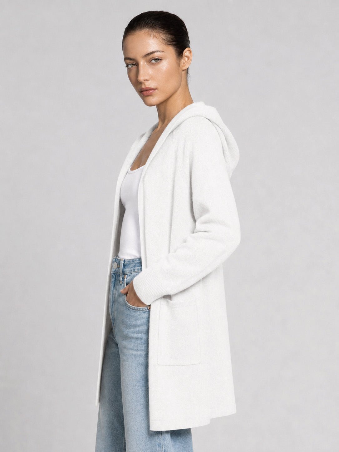 YUCOLEN Women's Hooded Open Front Cardigan Soft Knit Mid-Thigh Coatigan with Pockets in White