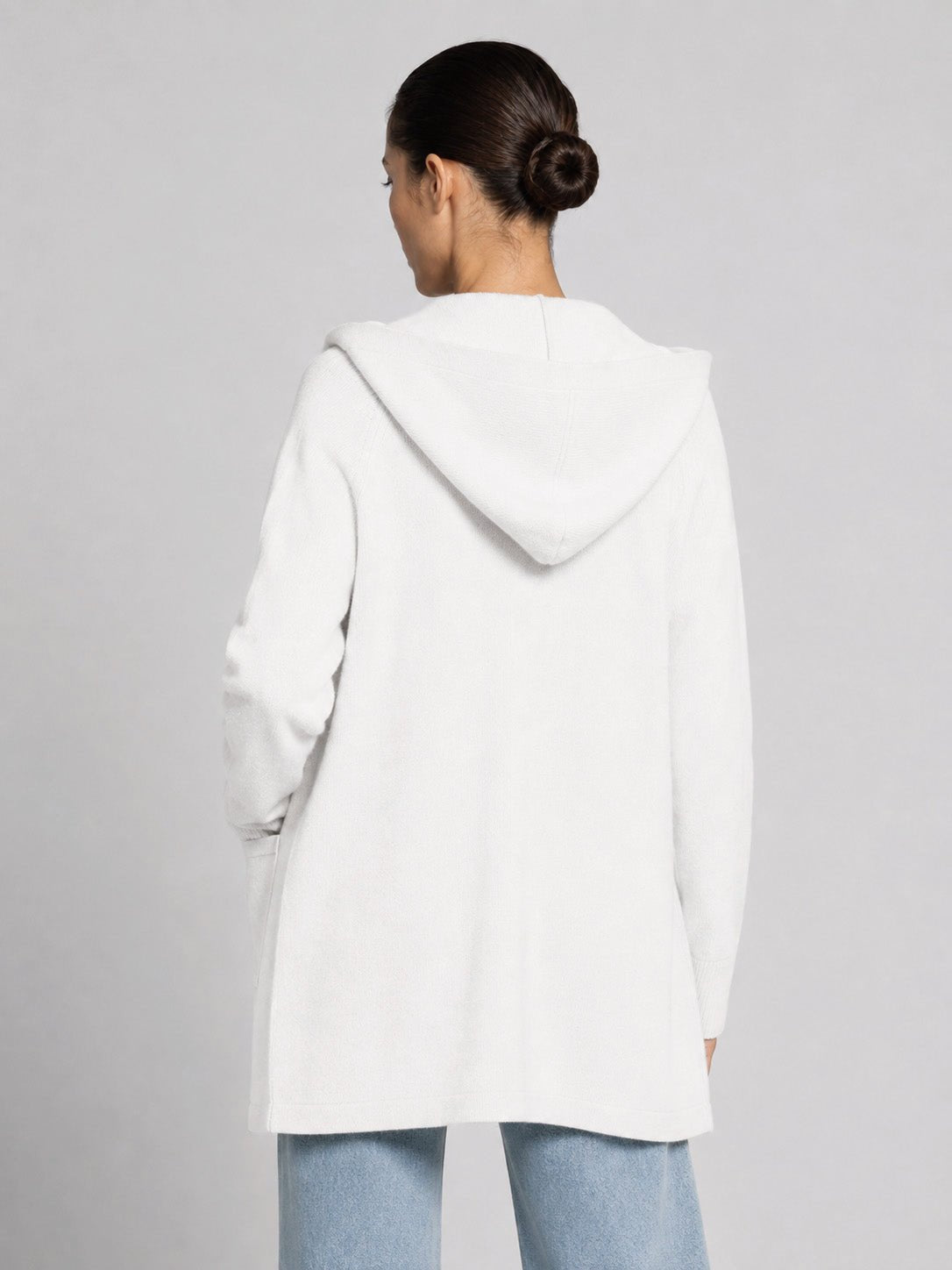 YUCOLEN Women's Hooded Open Front Cardigan Soft Knit Mid-Thigh Coatigan with Pockets in White