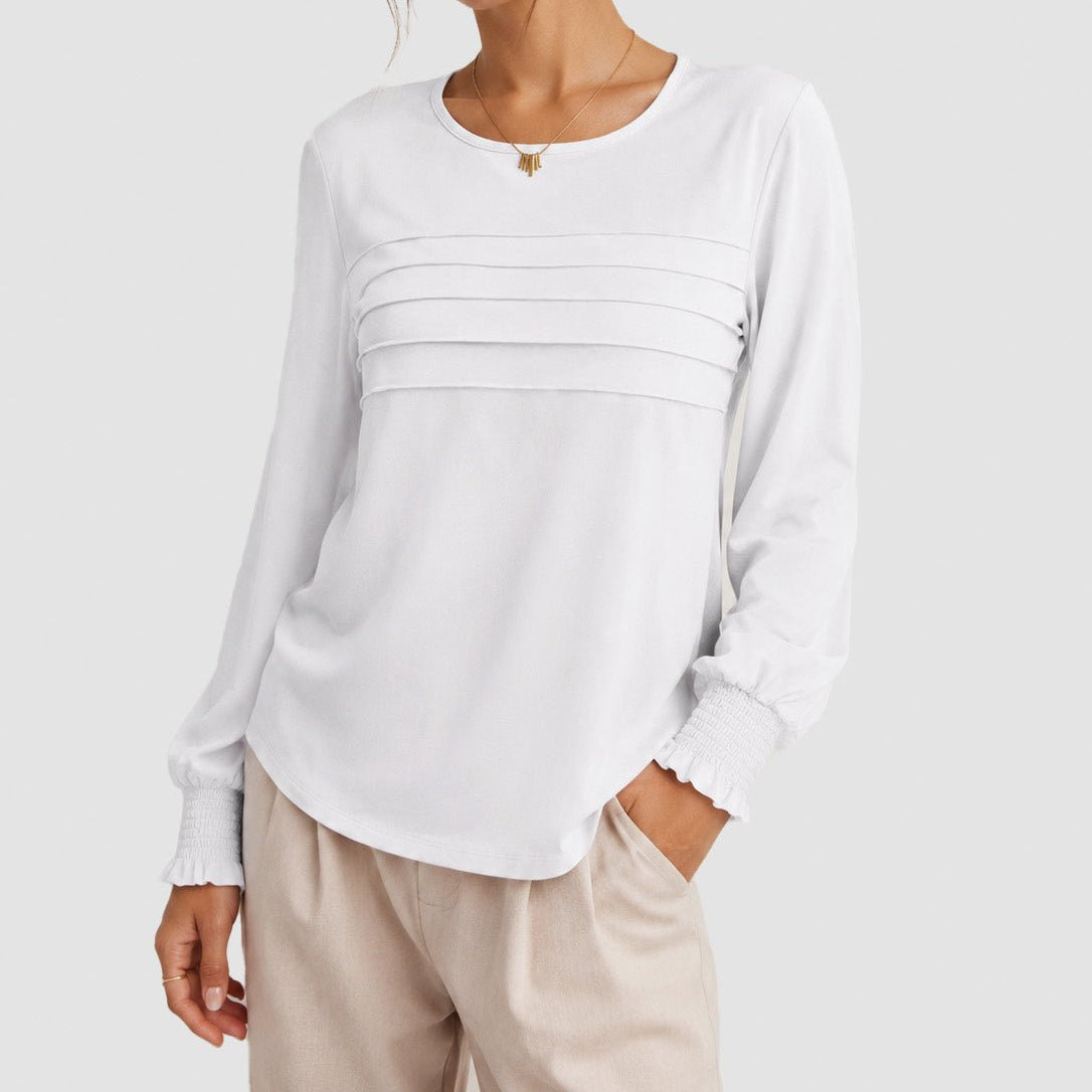 YUCOLEN Women's Lantern Sleeve Pleated Blouse Soft Cotton Rayon Dressy Top in White