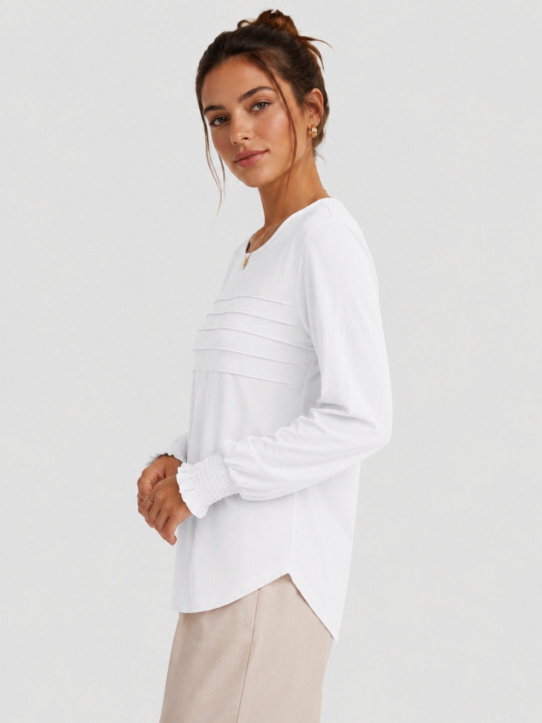 YUCOLEN Women's Lantern Sleeve Pleated Blouse Soft Cotton Rayon Dressy Top in White