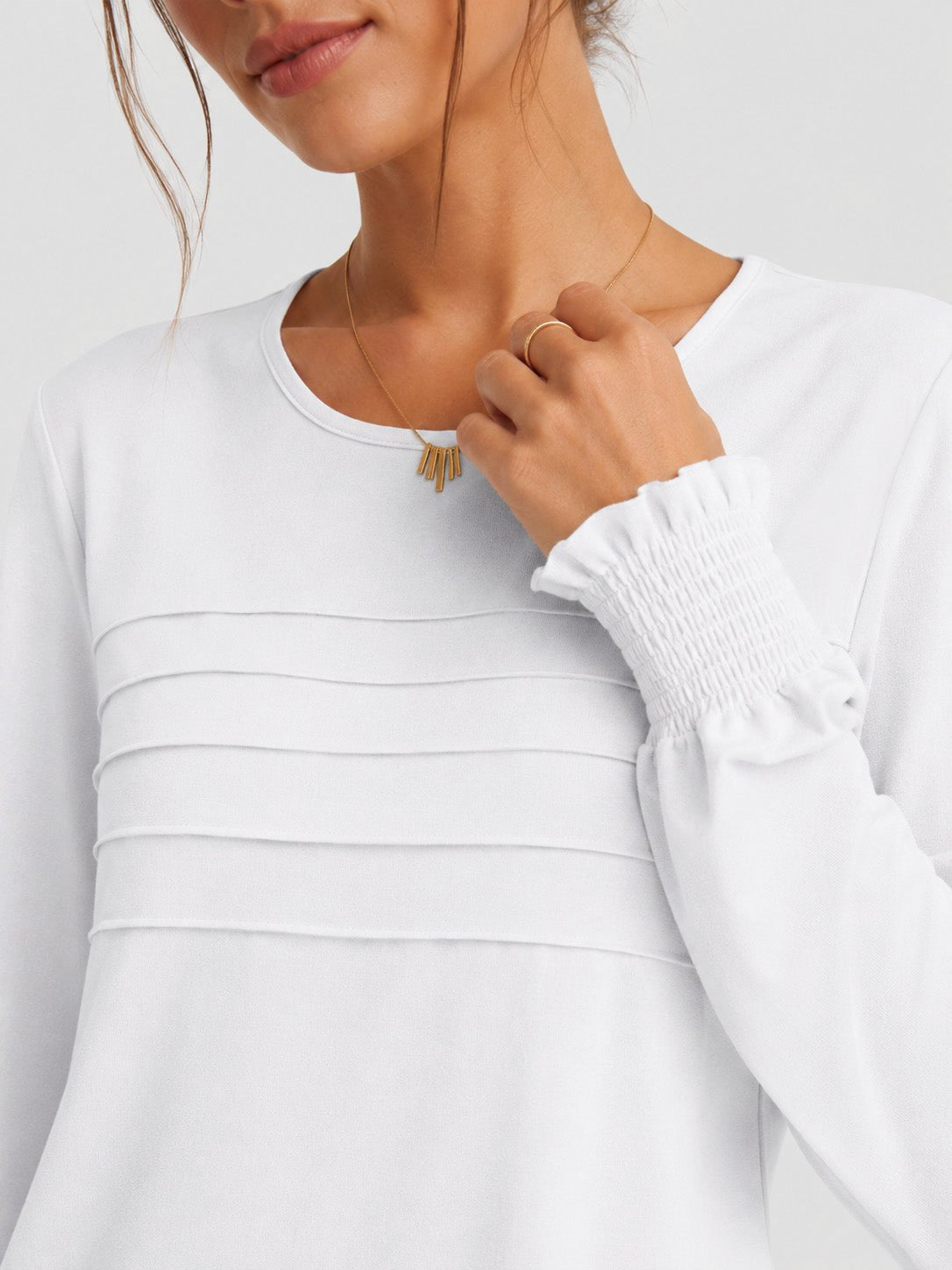 YUCOLEN Women's Lantern Sleeve Pleated Blouse Soft Cotton Rayon Dressy Top in White