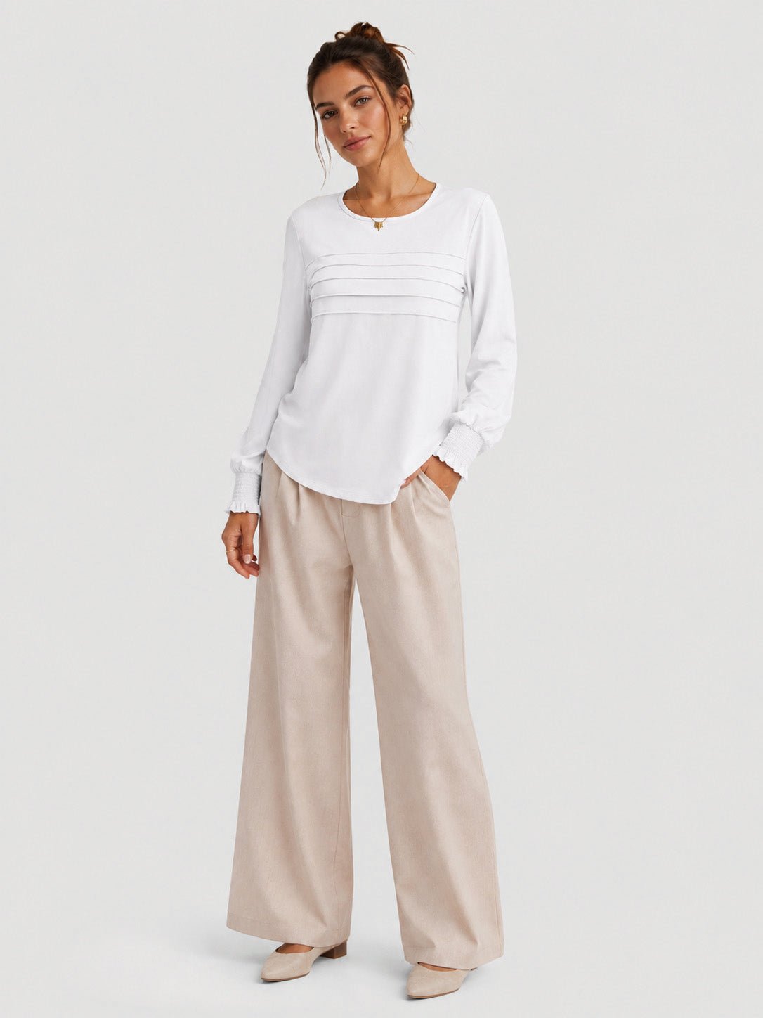 YUCOLEN Women's Lantern Sleeve Pleated Blouse Soft Cotton Rayon Dressy Top in White