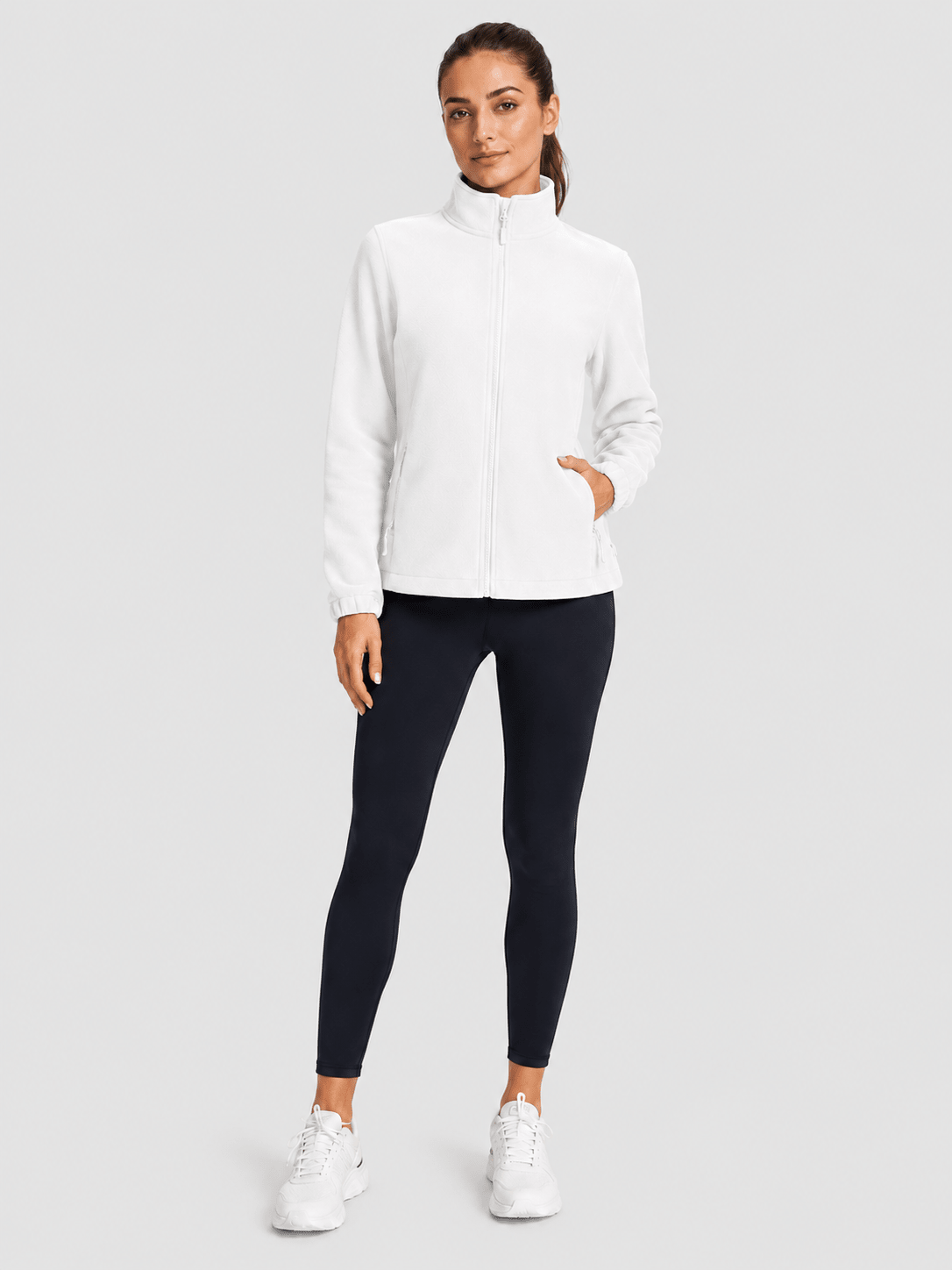 YUCOLEN Women's Lightweight Full Zip Fleece Jacket Windproof Stand Collar Outdoor Sweatshirt in White