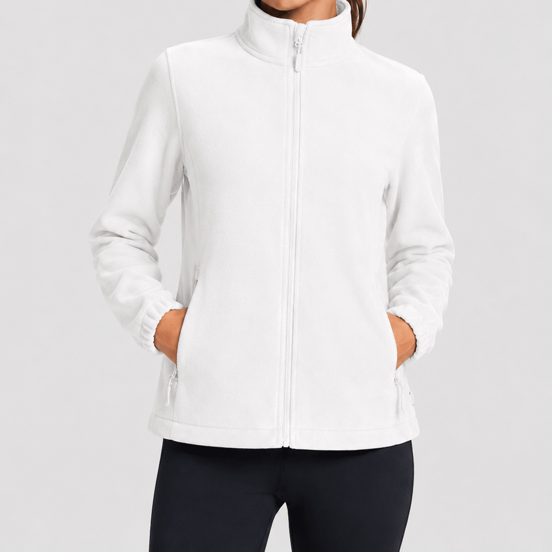 YUCOLEN Women's Lightweight Full Zip Fleece Jacket Windproof Stand Collar Outdoor Sweatshirt in White