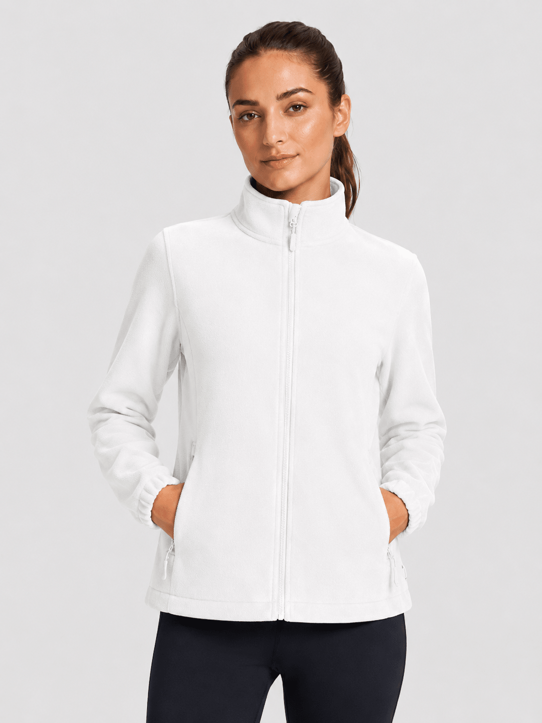 YUCOLEN Women's Lightweight Full Zip Fleece Jacket Windproof Stand Collar Outdoor Sweatshirt in White