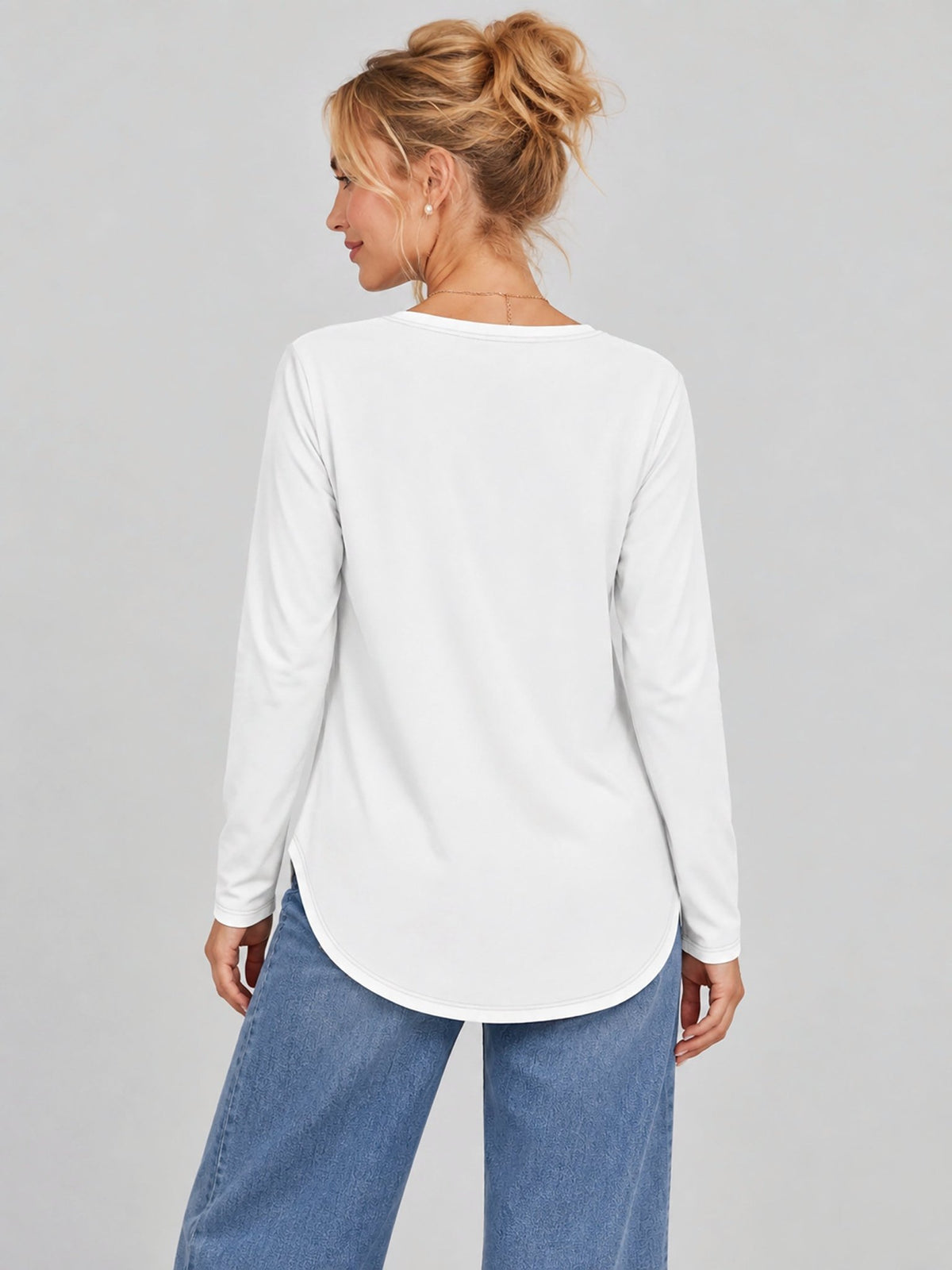 YUCOLEN Women's Long Sleeve Crewneck Tunic Top with Curved Hem in White