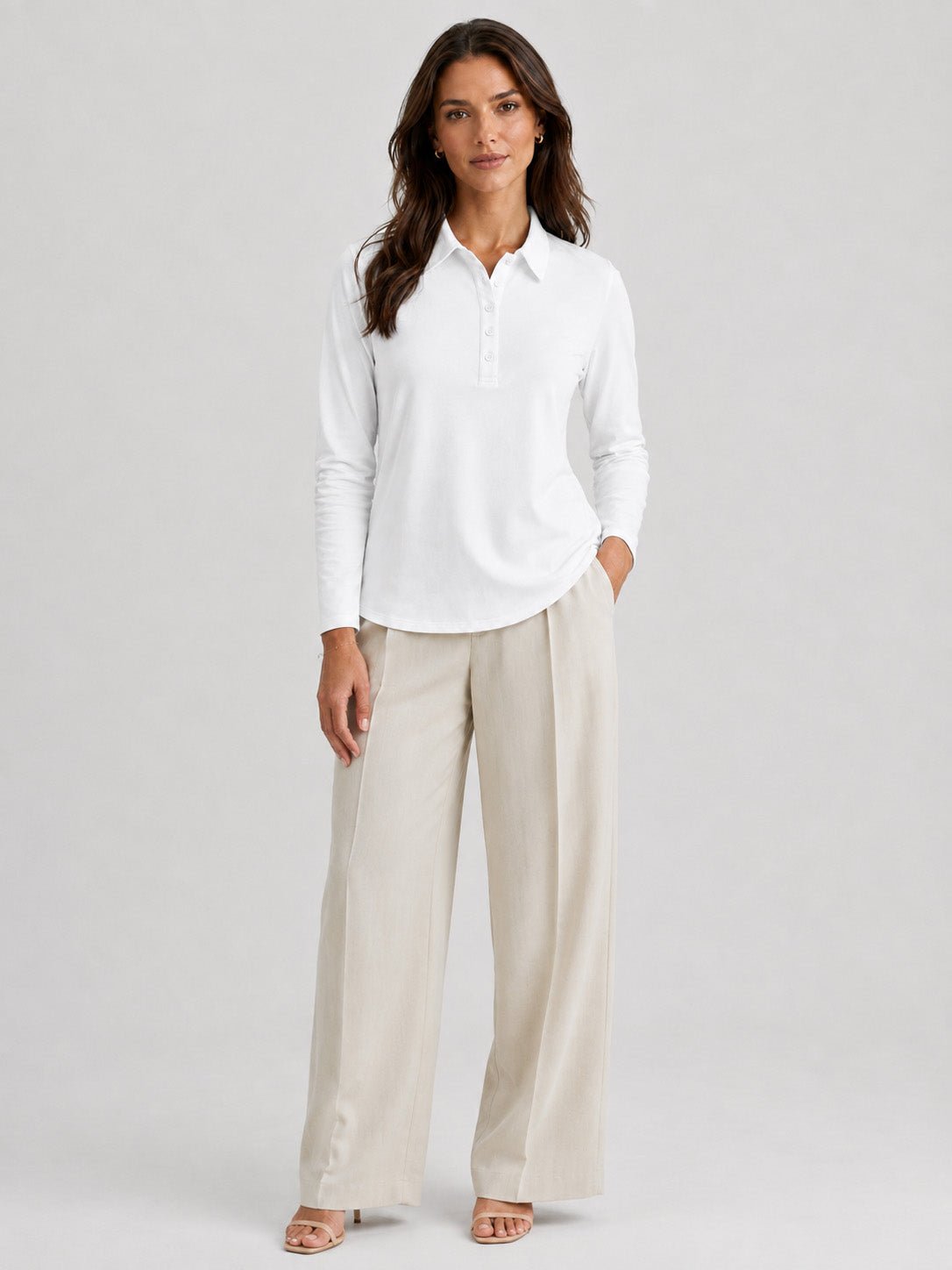 YUCOLEN Women's Long Sleeve Golf Shirt Breathable Cotton Blend 5-Button Top in White