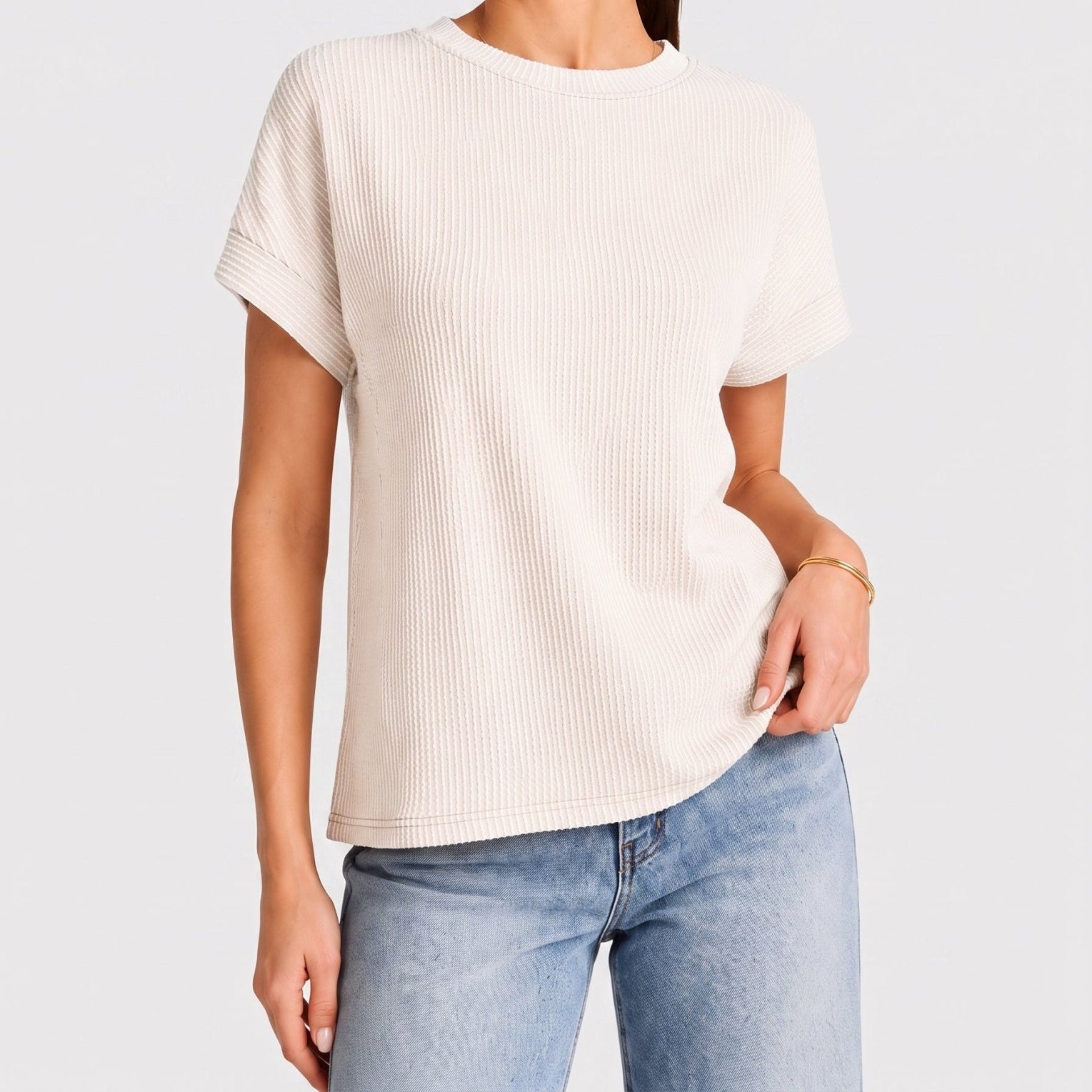 YUCOLEN Women's Oversized Ribbed Knit Short Sleeve T-Shirt Loose Batwing Casual Top in White