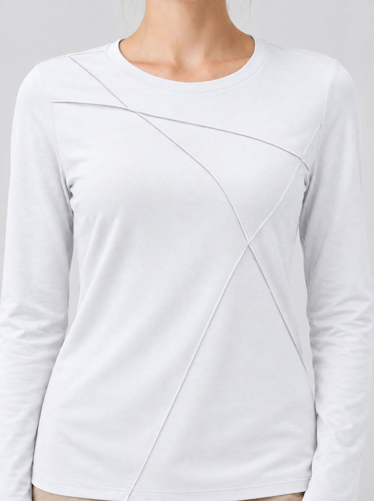 YUCOLEN Womens Pleated Crew Neck Long Sleeve Casual Stretch Top in White
