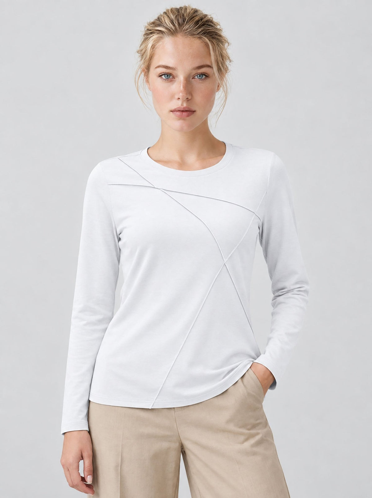 YUCOLEN Womens Pleated Crew Neck Long Sleeve Casual Stretch Top in White