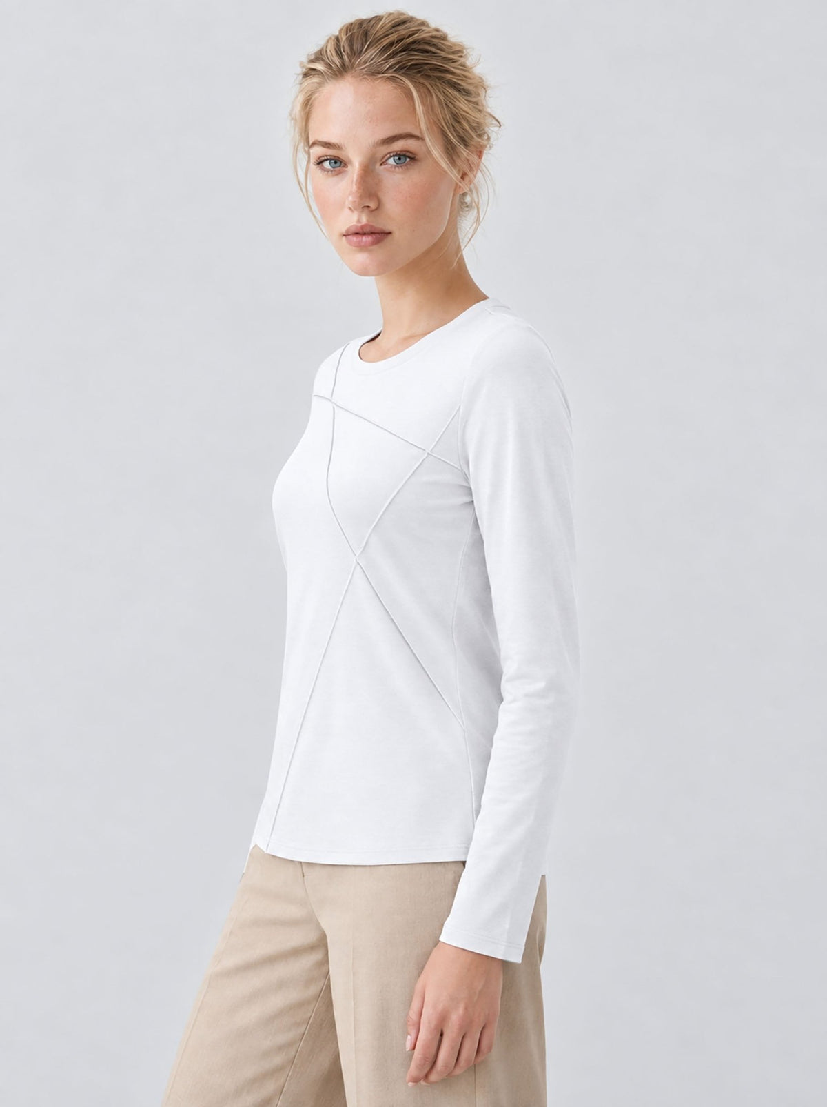 YUCOLEN Womens Pleated Crew Neck Long Sleeve Casual Stretch Top in White