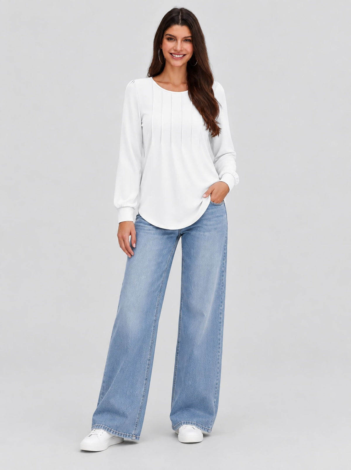 YUCOLEN Womens Pleated Puff Sleeve Crew Neck Long Sleeve Tunic Top in White