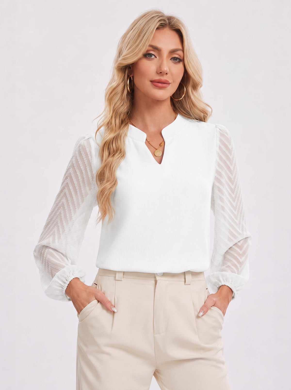 YUCOLEN Women's V Neck Chiffon Blouse with Lace Puff Sleeves Dressy Casual Work Tops in White