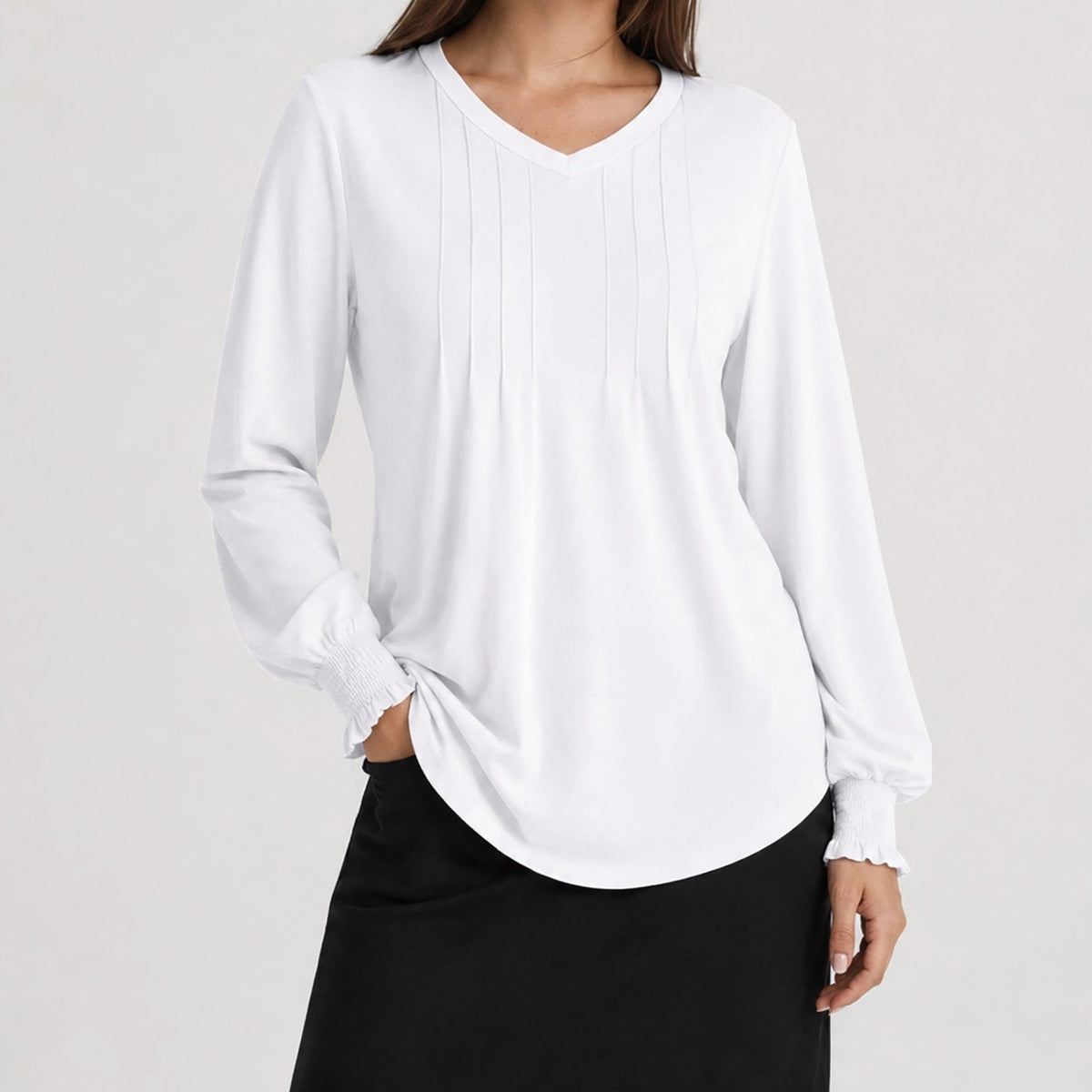 YUCOLEN Women's V Neck Pleated Tunic Blouse Ruffle Cuff Long Sleeve Shirt in White