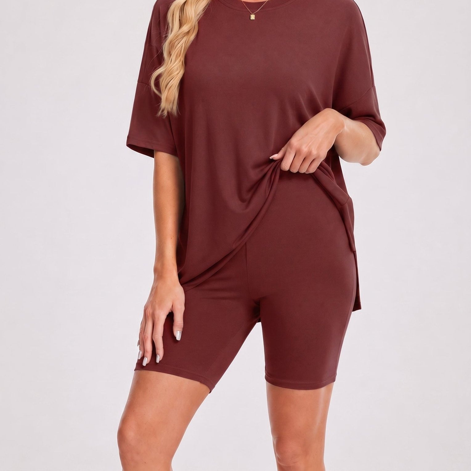 YUCOLEN Women's 2 Piece Oversized Lounge Set Matching Shorts and Tee Summer Casual Travel Athleisure Outfit in Wine Red