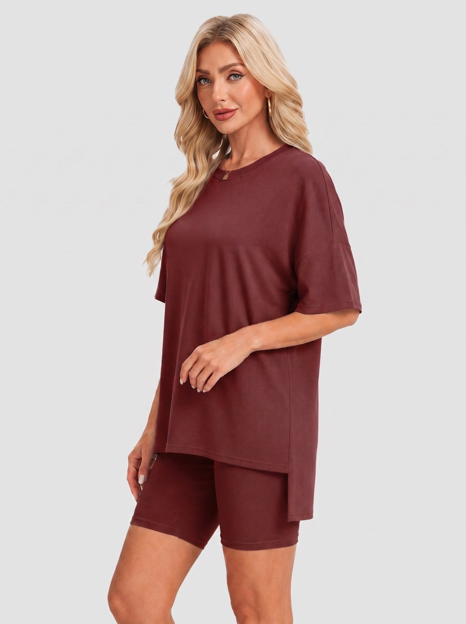 YUCOLEN Women's 2 Piece Oversized Lounge Set Matching Shorts and Tee Summer Casual Travel Athleisure Outfit in Wine Red