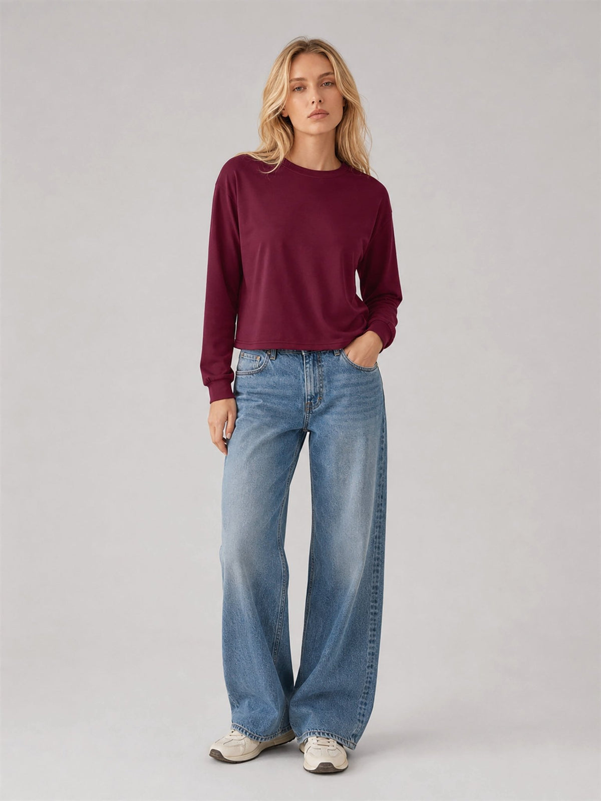 YUCOLEN Women's Breathable Cotton Blend Long Sleeve Crewneck Cropped Top in Wine Red