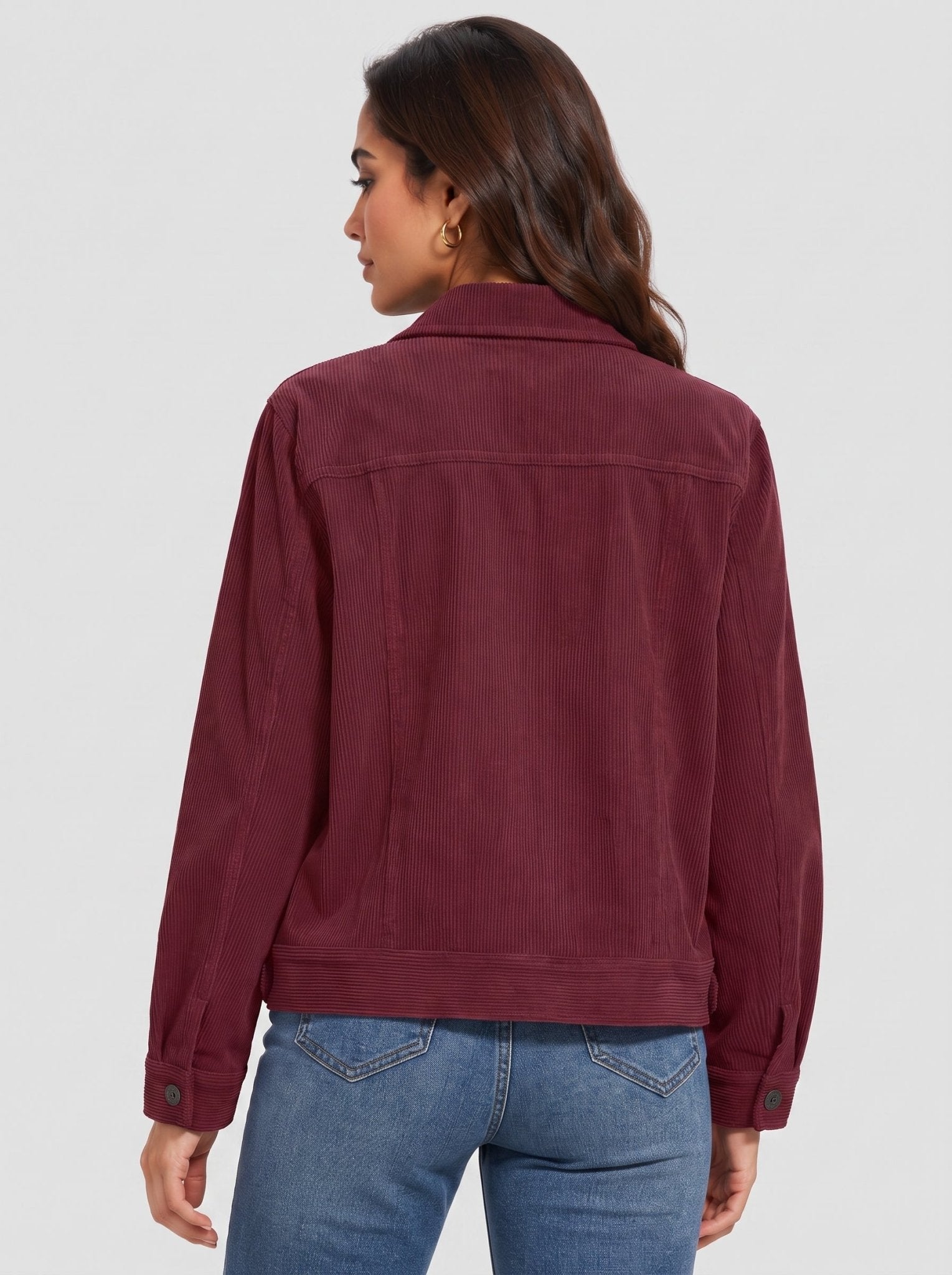 YUCOLEN Women's Lightweight Cropped Corduroy Shacket with 4 Pockets Button Down Casual Jacket in Wine Red