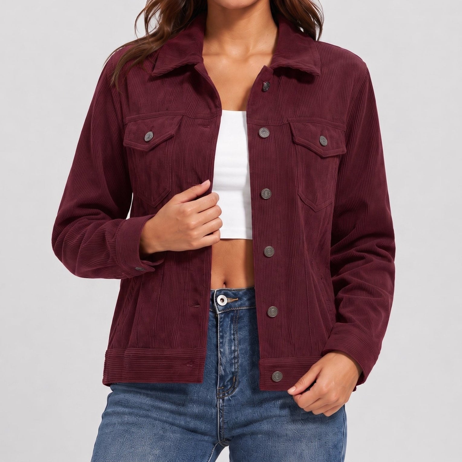 YUCOLEN Women's Lightweight Cropped Corduroy Shacket with 4 Pockets Button Down Casual Jacket in Wine Red