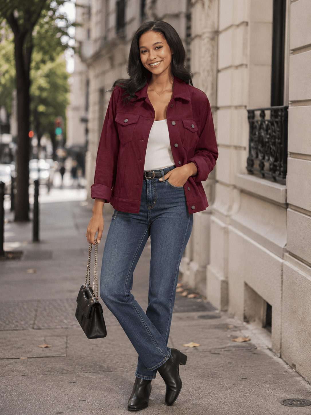 YUCOLEN Women's Lightweight Cropped Corduroy Shacket with 4 Pockets Button Down Casual Jacket in Wine Red