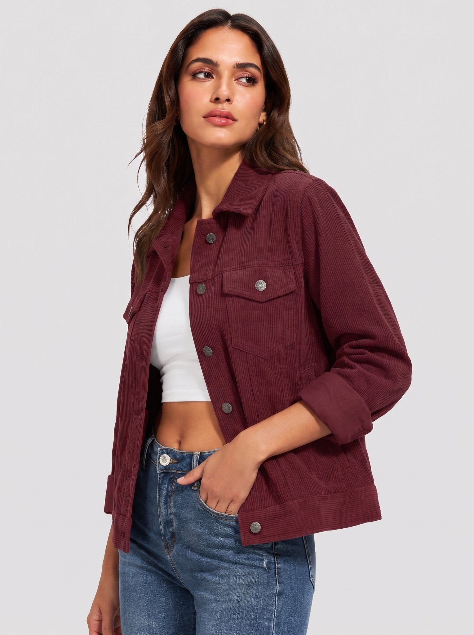 YUCOLEN Women's Lightweight Cropped Corduroy Shacket with 4 Pockets Button Down Casual Jacket in Wine Red