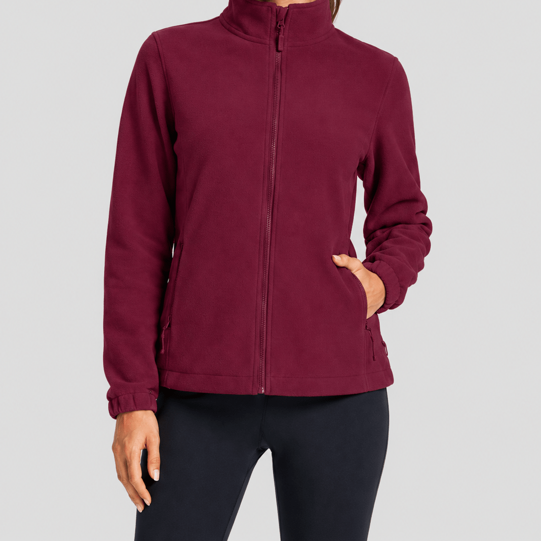 YUCOLEN Women's Lightweight Full Zip Fleece Jacket Windproof Stand Collar Outdoor Sweatshirt in Wine Red