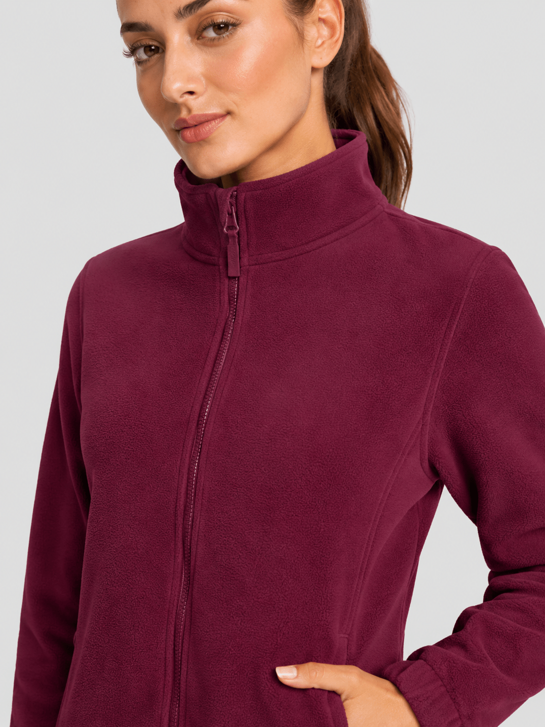 YUCOLEN Women's Lightweight Full Zip Fleece Jacket Windproof Stand Collar Outdoor Sweatshirt in Wine Red