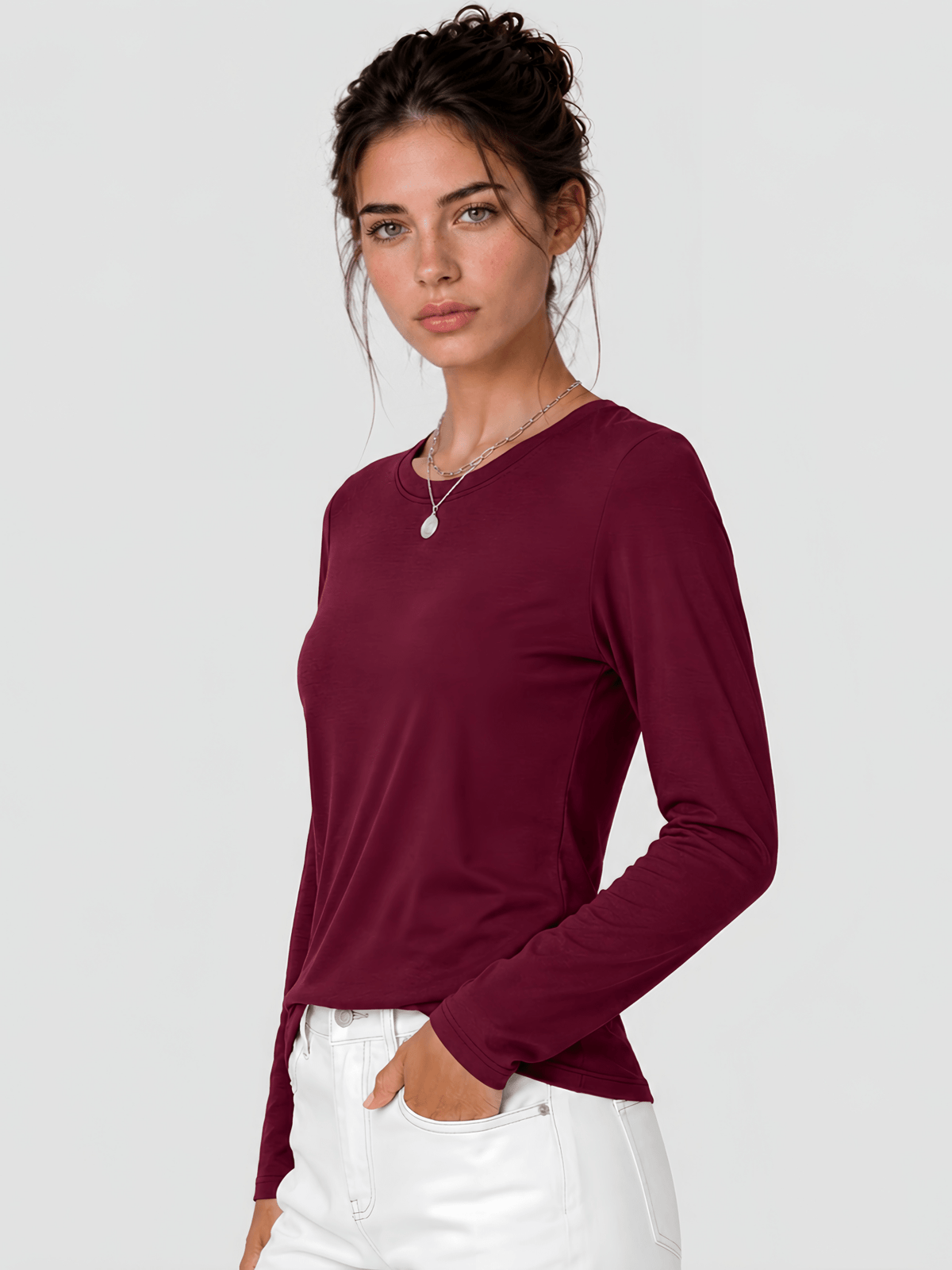 YUCOLEN Women's Long Sleeve Crew Neck Shirt Soft Tri-blend Cotton Performance Tee in Wine Red