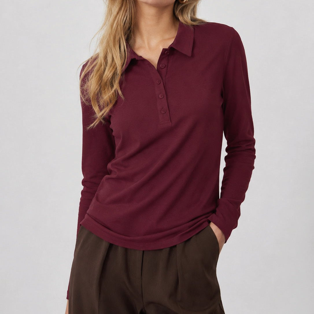YUCOLEN Women's Long Sleeve Golf Shirt Breathable Cotton Blend 5-Button Top in Wine Red
