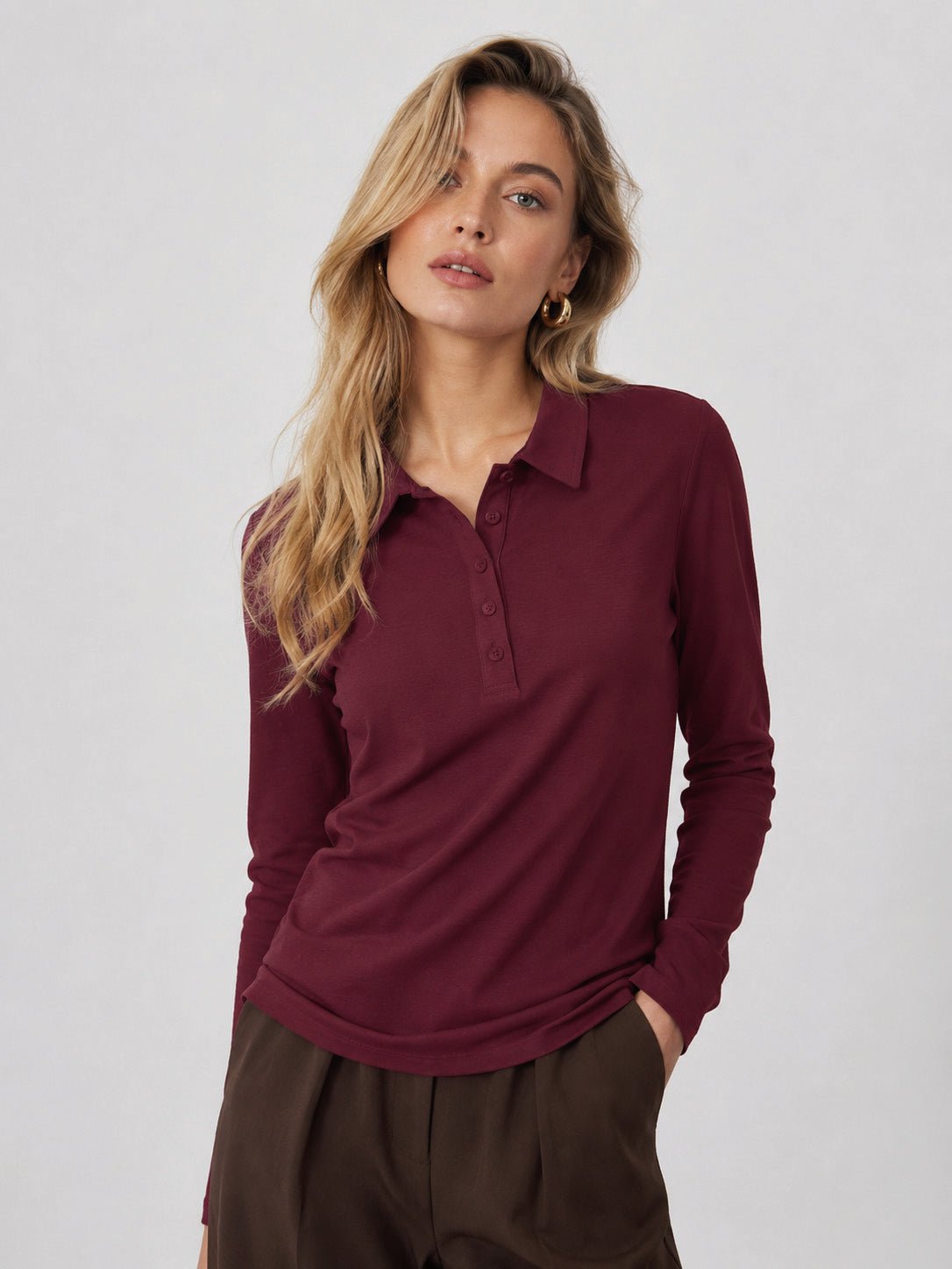 YUCOLEN Women's Long Sleeve Golf Shirt Breathable Cotton Blend 5-Button Top in Wine Red